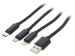 Кабел за зареждане USB A мъжки към Apple Lightning + USB Type-C + Micro USB, 1м черен