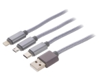 Кабел за зареждане USB A мъжки към Apple Lightning + USB Type-C + Micro USB 1м сребрис