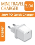 Бързо зарядно устройство 100-240V 1xUSB-C 20W PD PPS Бял