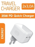 Бързо зарядно устройство 100-240V 2xUSB-C 18W PD или 1xUSB-C 35W PD PPS Бял