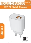 Бързо зарядно устройство 100-240V 1xUSB-A 3.0A + 1xUSB Type-C 3.0A 30W PD Бял
