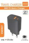 Бързо зарядно устройство VS Mobile - 100-240V 1xUSB-A 3.0A + 1xUSB Type-C 3.0A 20W PD, без кабел