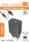 Бързо зарядно устройство VS Mobile - 100-240V 1xUSB-A 3.0A + 1xUSB Type-C 3.0A 20W PD, с кабел 1м